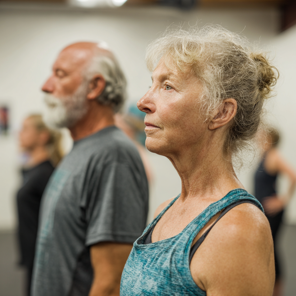 Middle-aged adults participating in balanced fitness session with focus on mobility and stability