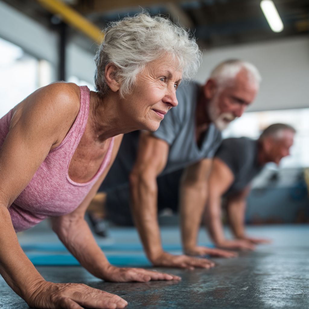 Older adults engaging in low-impact functional training focused on flexibility and core stability